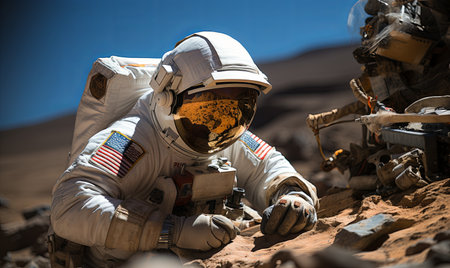 A man in a space suit climbs up a hill in a barren landscape.の素材