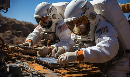 Three astronauts in space suits conducting repairs on a wooden piece in space.の素材