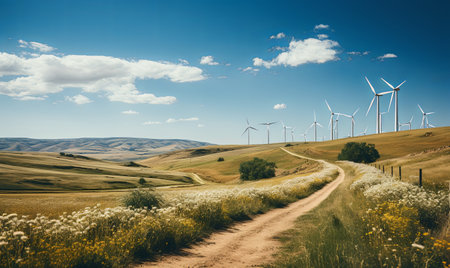 A dirt road stretches through a field with windmills in the background, under a clear sky.の素材