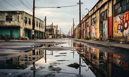A city street with a sizable water puddle in the center, reflecting the surrounding buildings and sky.の素材