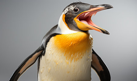 A penguin with its mouth open in a close-up view, showing its distinctive features.の素材