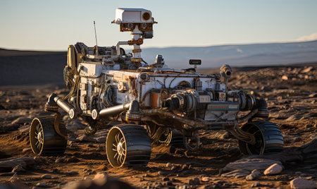 A rover vehicle traversing through the vast expanse of a desert, surrounded by sand dunes and a clear sky.の素材