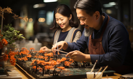 Two people from China and Taiwan working together to arrange beautiful flowers for a project.の素材