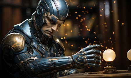 A man in a suit is attentively observing an object on a table in a room.の素材