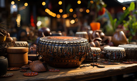 A collection of pots and pans neatly arranged on a wooden table.の素材