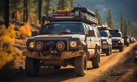 A line of vehicles moving along a dusty rural pathway.の素材