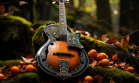 A guitar laid on top of a stack of fallen leaves on the ground.の素材
