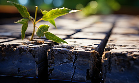 A small plant pushing through a crack in a brick wall, showing natures determination and ability to adapt.の素材