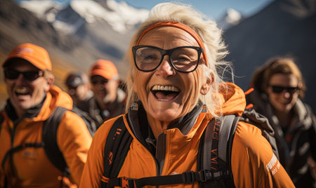 A group of individuals are wearing orange jackets and backpacks, standing together in a casual outdoor setting.の素材