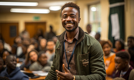 A man stands confidently in front of a large crowd of people, facing them.の素材