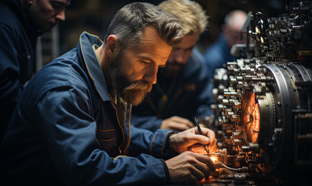 A man working on a machine in a factory, surrounded by industrial equipment and tools.の素材