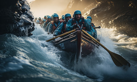 A group of people rowing on the back of a boat, powerfully moving through choppy waters.の素材
