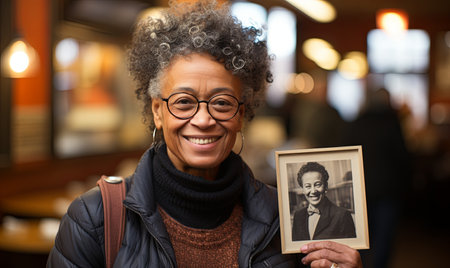 A woman holding a picture of herself, reminiscing or showing a past moment.の素材