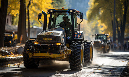 A tractor moving down a street bordered by a forest, showcasing a blend of urban and natural environments.の素材