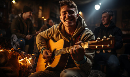 A man plays a guitar in front of a group of people, focusing on his music performance.の素材