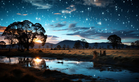 A clear night sky filled with stars above a calm lake, reflecting the celestial beauty.の素材