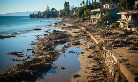 A beach covered in various debris washed ashore, littering the sandy shore after a recent storm.の素材
