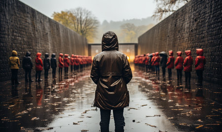 A man stands facing a row of people in a straight line.の素材