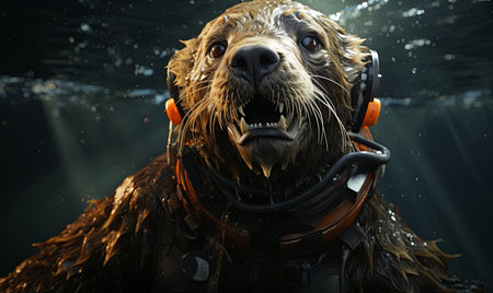 A sea otter floating in the water while wearing headphones, surrounded by ocean waves.の素材