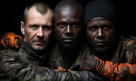 Three men standing next to each other in a group outdoors.の素材
