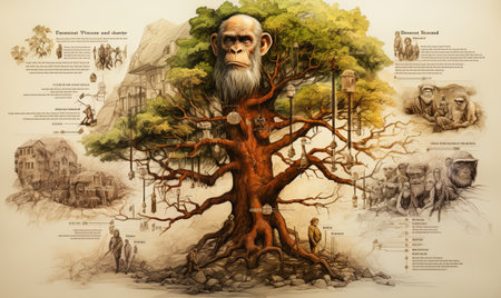 A detailed illustration of a tree with a human head integrated into its branches, showing artistic creativity.の素材