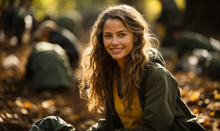 A woman seated on the forest floor surrounded by trees and foliage.の素材