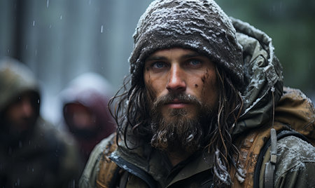 A man wearing a hat and sporting a beard stands in the rain.の素材