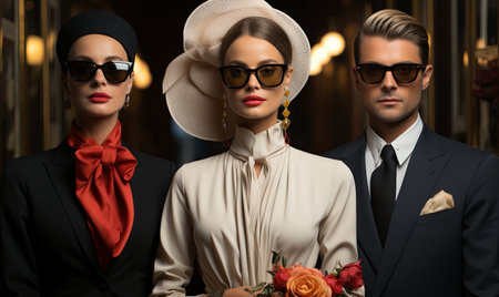 A group of three individuals standing side by side in a row, facing the camera.の素材