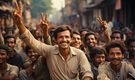 A man standing with his hands raised in the air.の素材