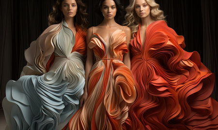 Women standing together in various colored dresses, showcasing unity and style.の素材