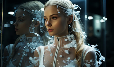 A woman stands in front of a mirror, examining her reflection in a room with neutral decor.の素材