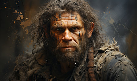 A man with long hair and a beard gazes intently into the distance.の素材