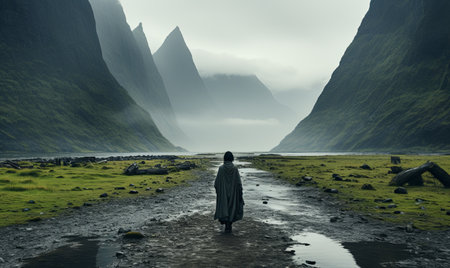 A person stands on a dirt road surrounded by mountains in a rural area.の素材
