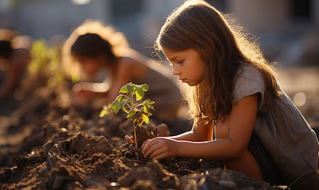 A young girl is crouched down, focused on examining a plant in a garden.の素材