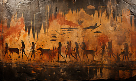 A historical cave painting featuring figures of people and various animals in a primitive setting.の素材