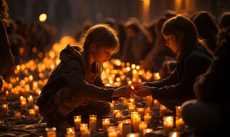Crowd surrounds glowing candles in a group, creating a warm, intimate atmosphere.の素材