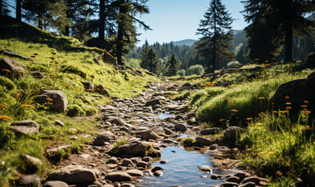 A stream runs through vibrant green hills, surrounded by lush vegetation and grass.の素材