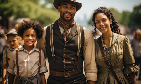 A man wearing a hat standing with a woman and two children outdoors.の素材