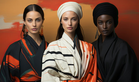 A group of three women standing closely next to each other.の素材