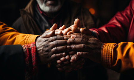 Diverse group of individuals standing in a circle, interlocking hands in a show of unity and teamwork.の素材