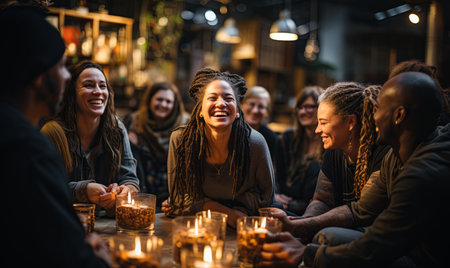 A diverse group of individuals gathered around a table illuminated by candles, engaged in conversation and dining together.の素材