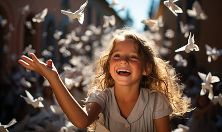 A young girl appears to defy gravity as she stands elevated in mid-air.の素材