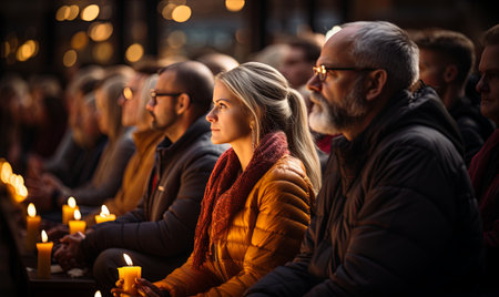 A group of people sitting together, each holding a candle in their hands. They are positioned closely to one another.の素材