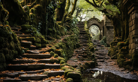 A set of stairs leading through a tunnel in a forest.の素材