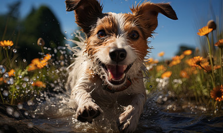 A domestic dog with a brown and white coat running amongst colorful flowers in a field.の素材