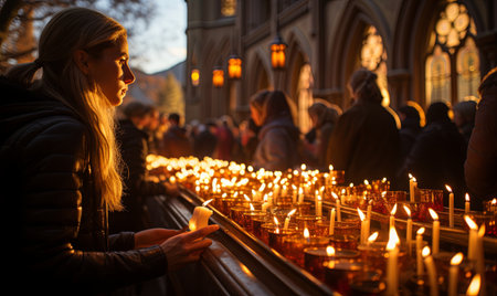 A woman standing in front of a group of candles, illuminated by their warm light.の素材