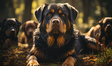 Multiple dogs relaxing and lying down in green grass in a group outdoors.の素材