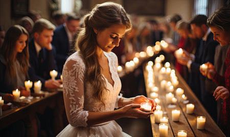 A woman stands in front of a table covered in an array of candles.の素材