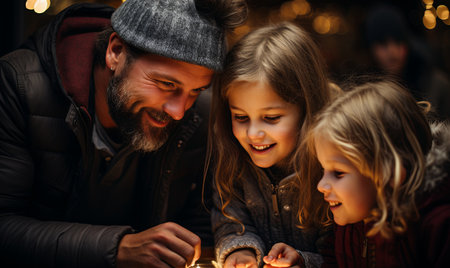 A man and two little girls standing together, looking at a lit candle with curiosity and interest.の素材
