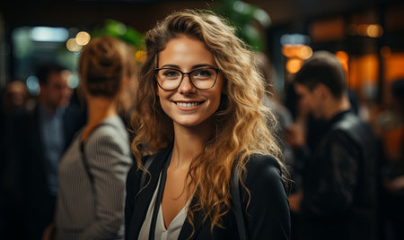 A woman with glasses smiles directly at the camera in a cheerful manner.の素材